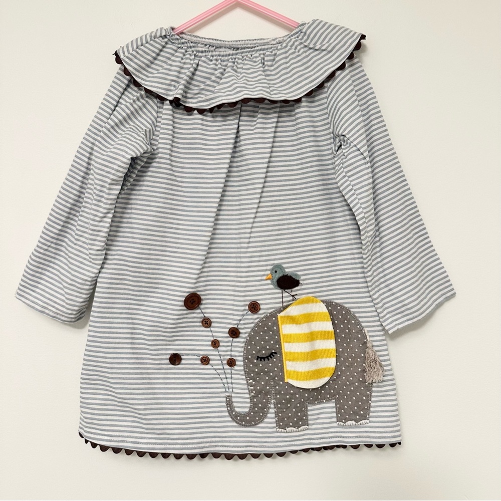 Mud Pie Gray and White Striped Dress with Elephant and Bird Applique size 5T